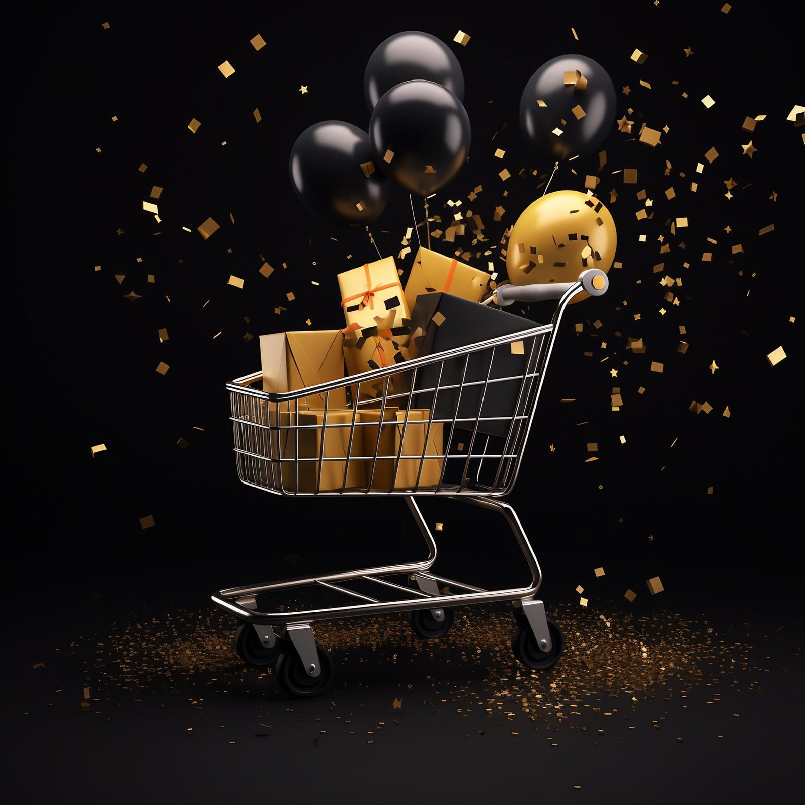 A 3D render stock photo showcases a Black Friday sale design, including a shopping cart, gift box, and confetti, all on a black background