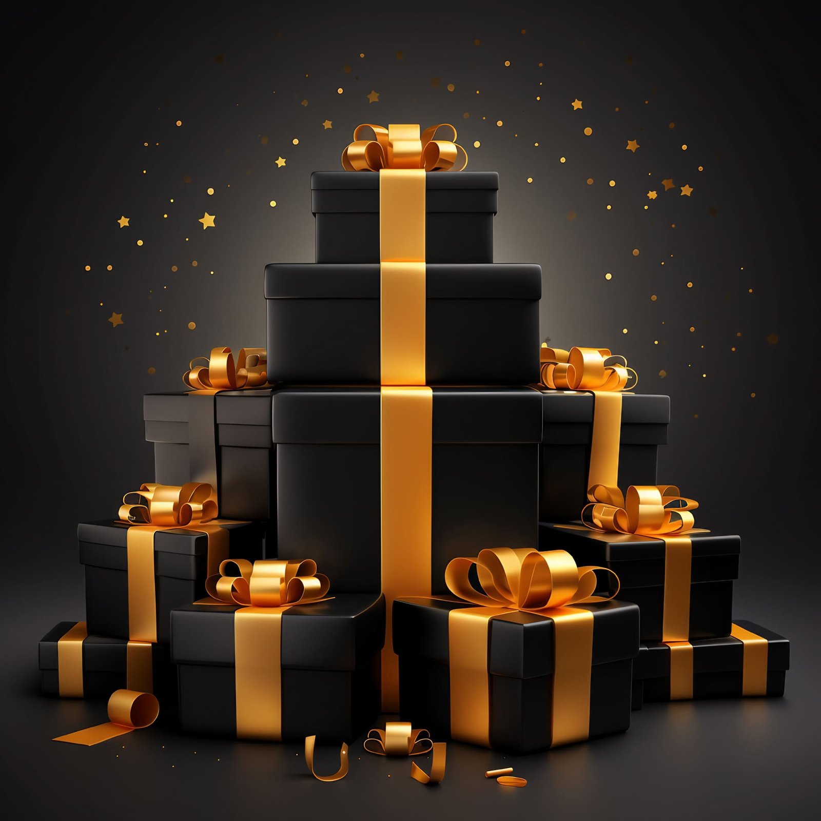 A Black Friday background adorned with a luxurious golden gift box and ribbon, with a realistic podium display