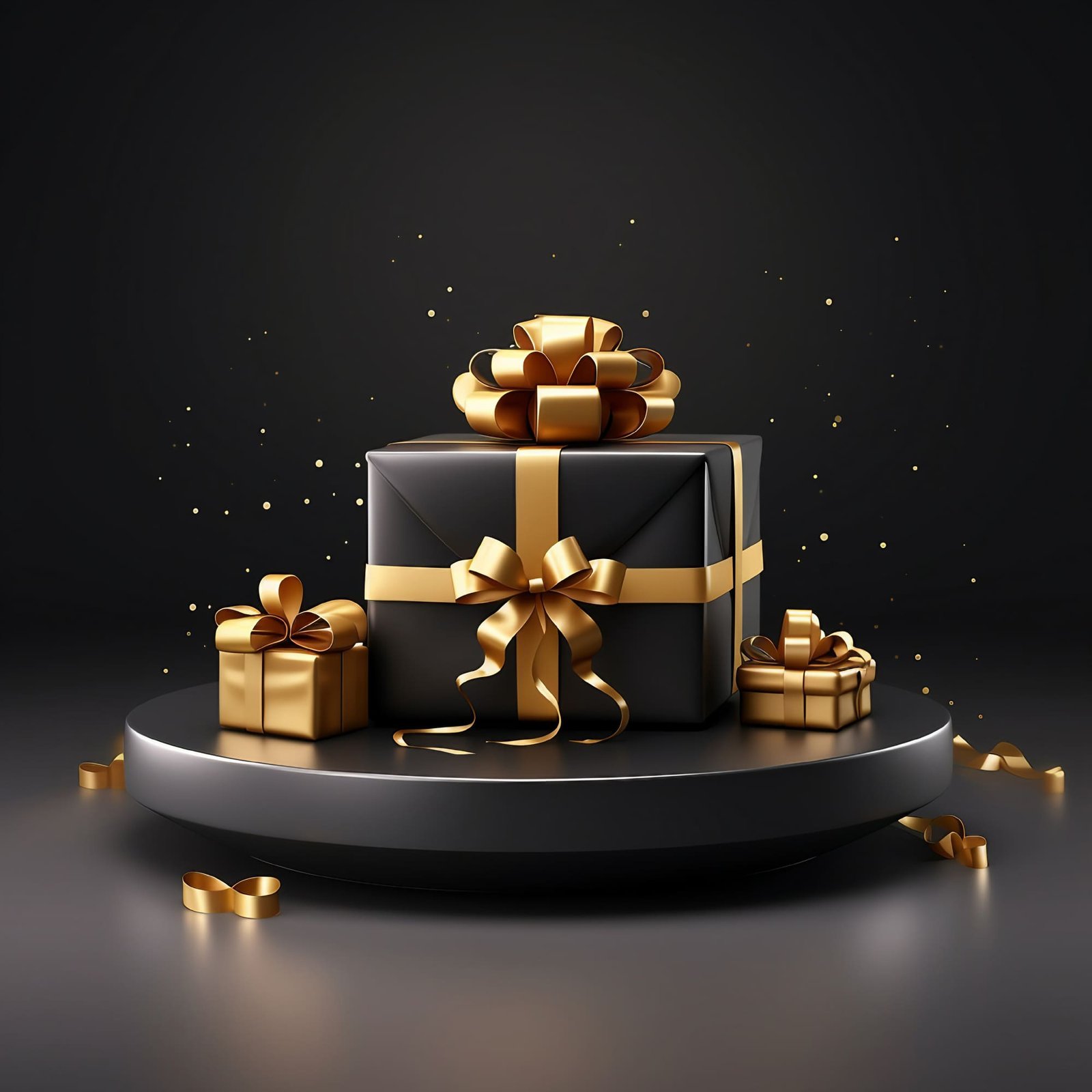 A Black Friday background featuring a luxurious golden gift box with a ribbon, realistically showcasing a podium