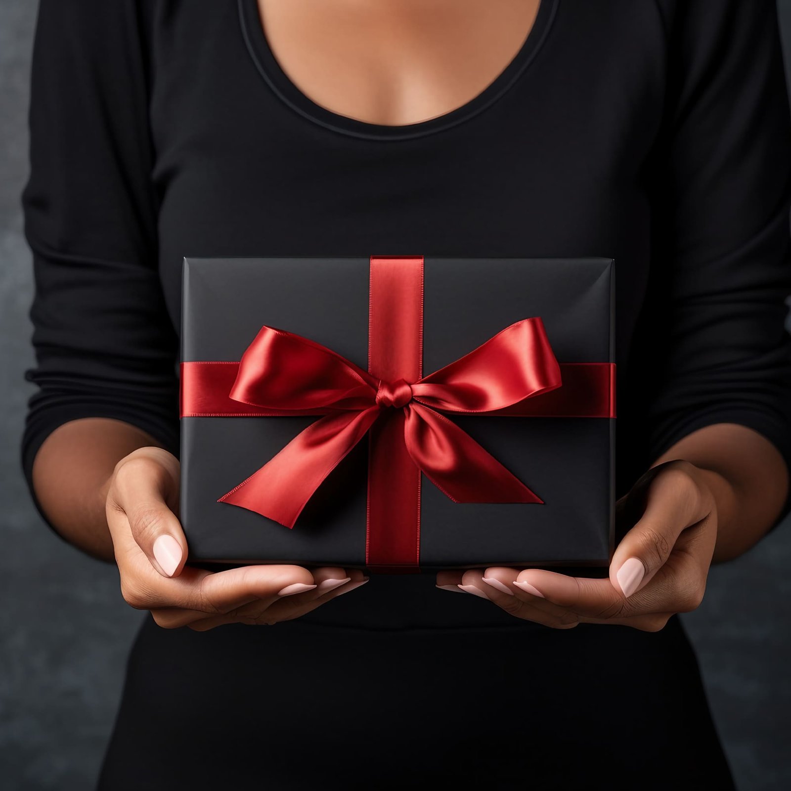 A portrayal of Black Friday Sale, where a woman’s hand holds a black gift box with a red bow on a black background