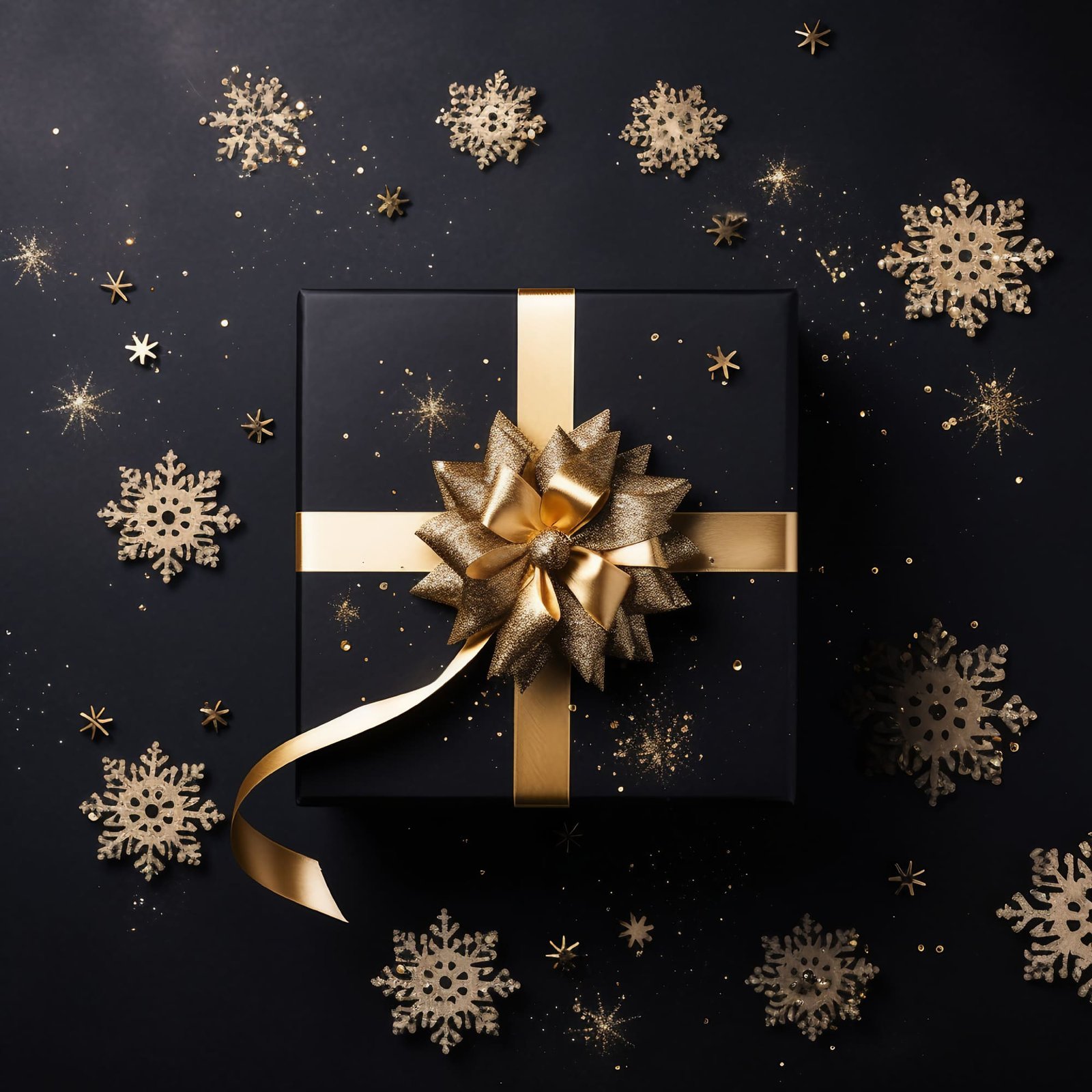 A stock photo from a top-down perspective showcasing a Black Friday Christmas gift box alongside a golden snowflake