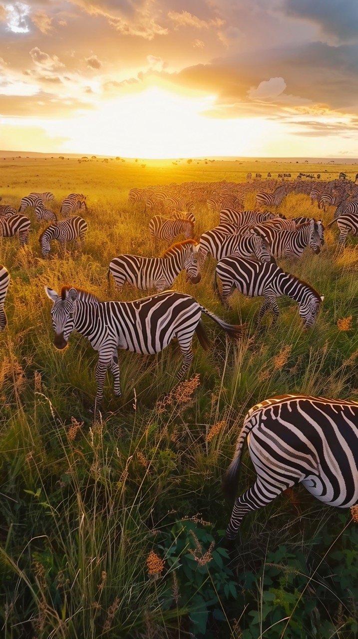 African Safari in Masai Mara – Stock Photo of Zebra Herd Grazing in Sunset Light