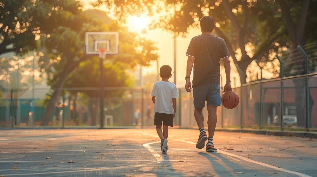 Asian Dad and Teen Son Departing from Sports Game – Weekend Adventure Stock Photo