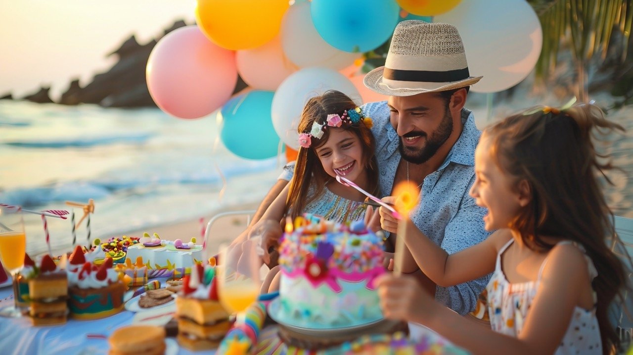 Birthday Celebration by the Beach – Heartwarming Stock Image of Family Moments