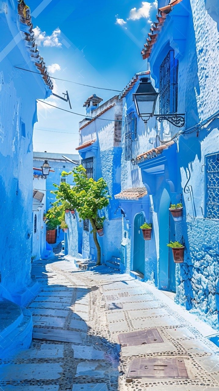 Blue City of Chefchaouen, Morocco – Stunning Street Scene Stock Photo