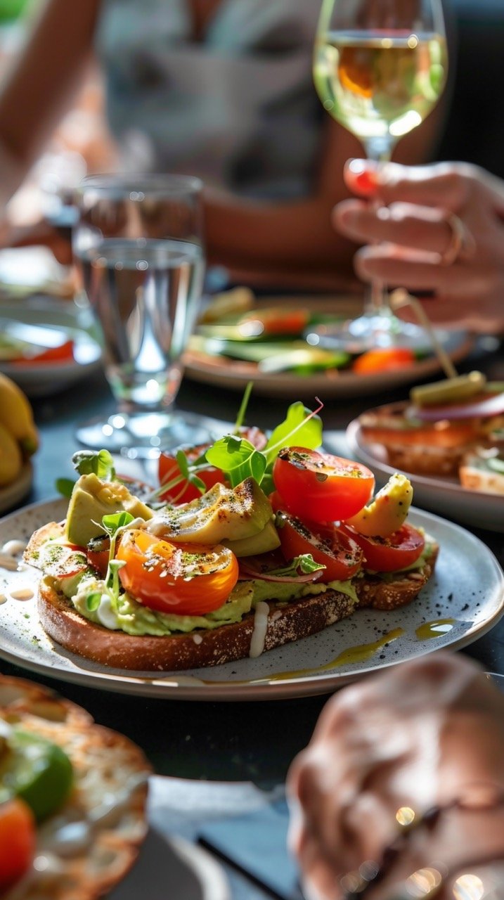 Brunch with Friends – Stock Photo of Avocado Toast and Vibrant Tomatoes with Garnishes