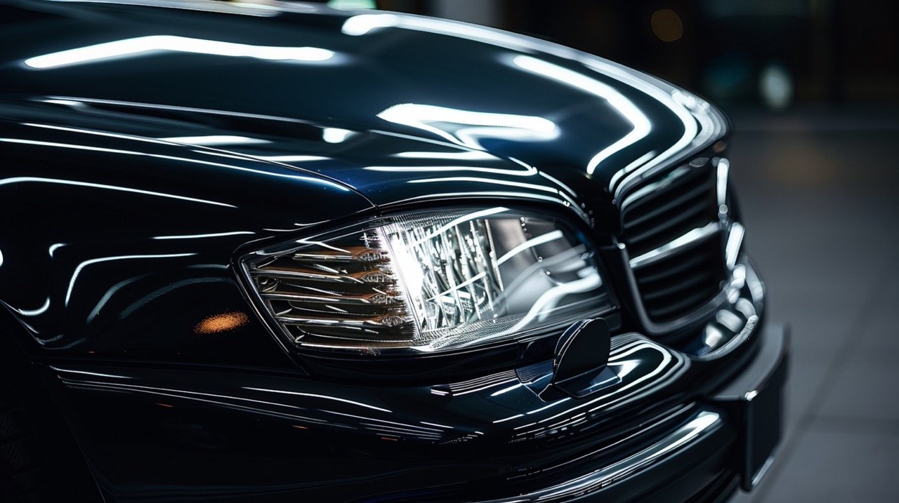 Car Headlight on Black Vehicle – Stock Image Highlighting Automobile Detail