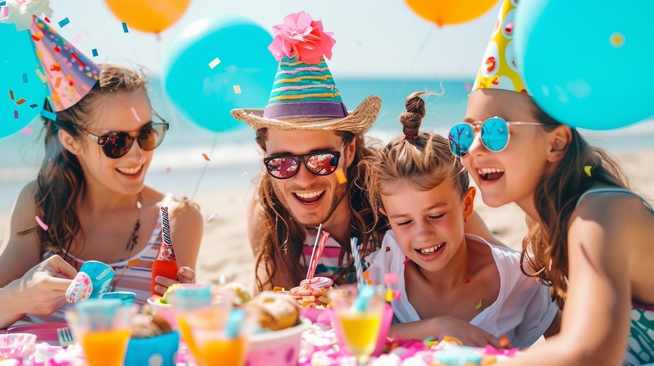 Celebrating Birthday on the Beach – Vibrant Stock Image of Family Partyfamily, birthday, celebration, beach, party, wonderful day, joyful, fun, sun, vibrant, festive, happy, memorable, moments, outdoor, gathering, summer, happiness, event, special occasion, love, togetherness, stock photo