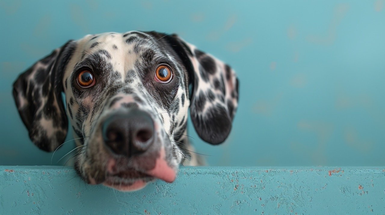 Cheerful Dalmatian High-Quality Stock Photo of Dog Peeking Out, Licking Nose