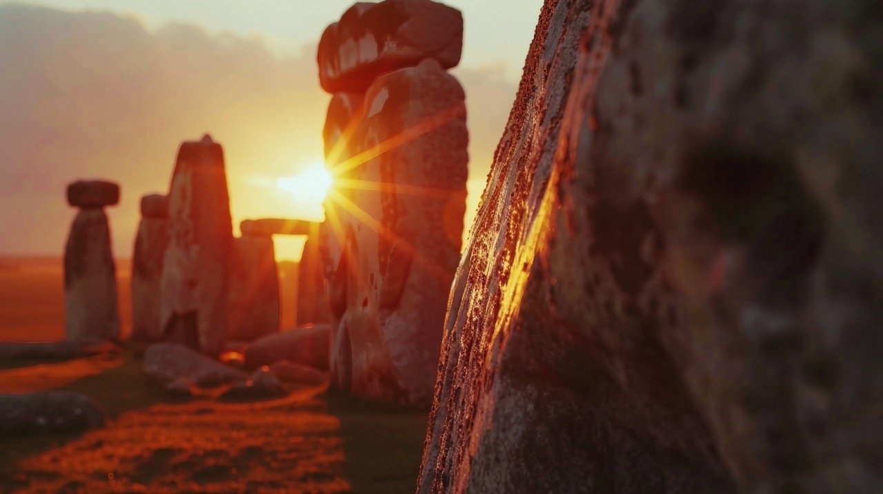 Close-Up of Stonehenge at Sunset – Dramatic Stock Photo of Sunlit Ancient Stones in Wiltshire