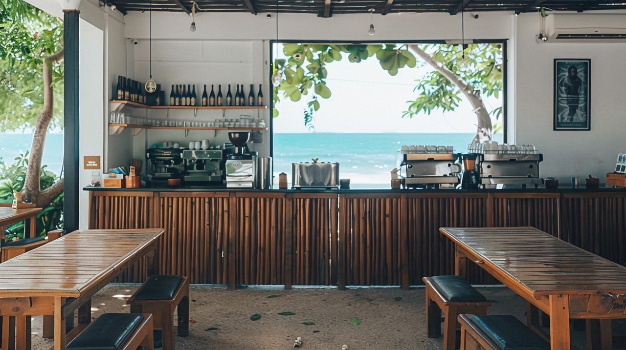 Coffee Shop Interior with Wooden Tables and Chairs – Stock Image Highlighting Aesthetic