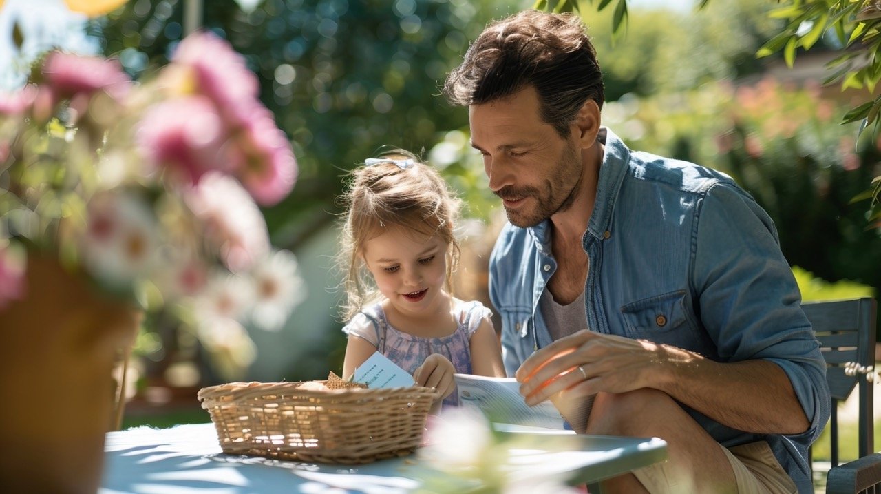 Dad Receiving Father’s Day Gift from Daughter Outdoors – Family Bonding Stock Photo