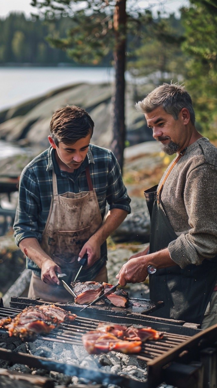 Dad and Son Cutting Barbecued Pig – Stockholm Archipelago Family Moments Stock Image