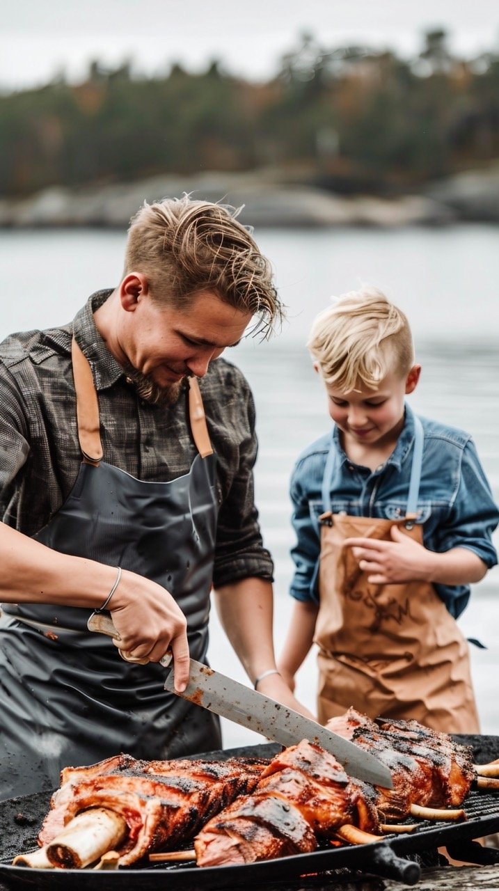 Dad and Son Preparing Barbecued Pig – Stockholm Archipelago Family Image