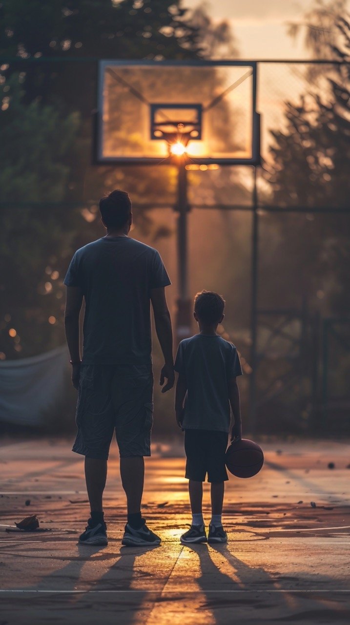 Dad and Son on Basketball Court After Game – Family Bonding Image