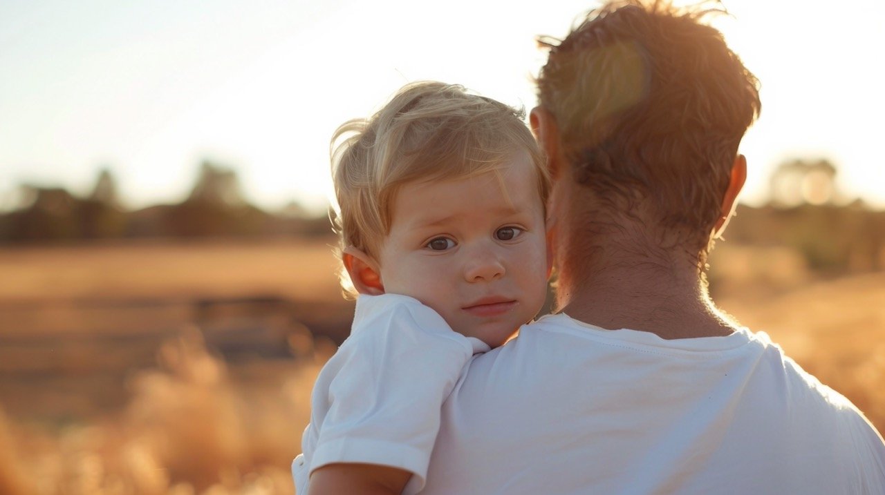 Dad in White Shirt Carrying Son – Vibrant Stock Photo of Parenthood and Love