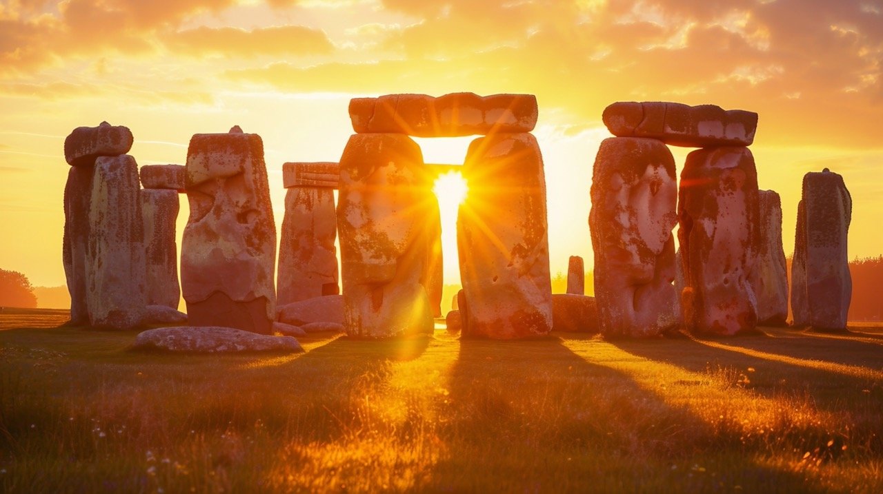 Dramatic Sunset at Stonehenge – Close-Up Stock Photo of Ancient Stones with Sun Shining Through