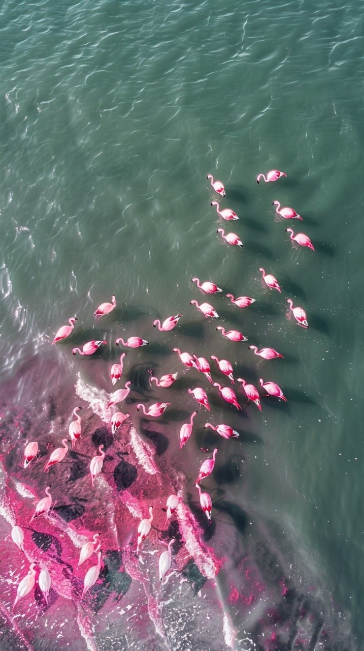 Drone Photo of Flamingos Feeding on Yarışlı Lake in Burdur, Turkey – Stock Image