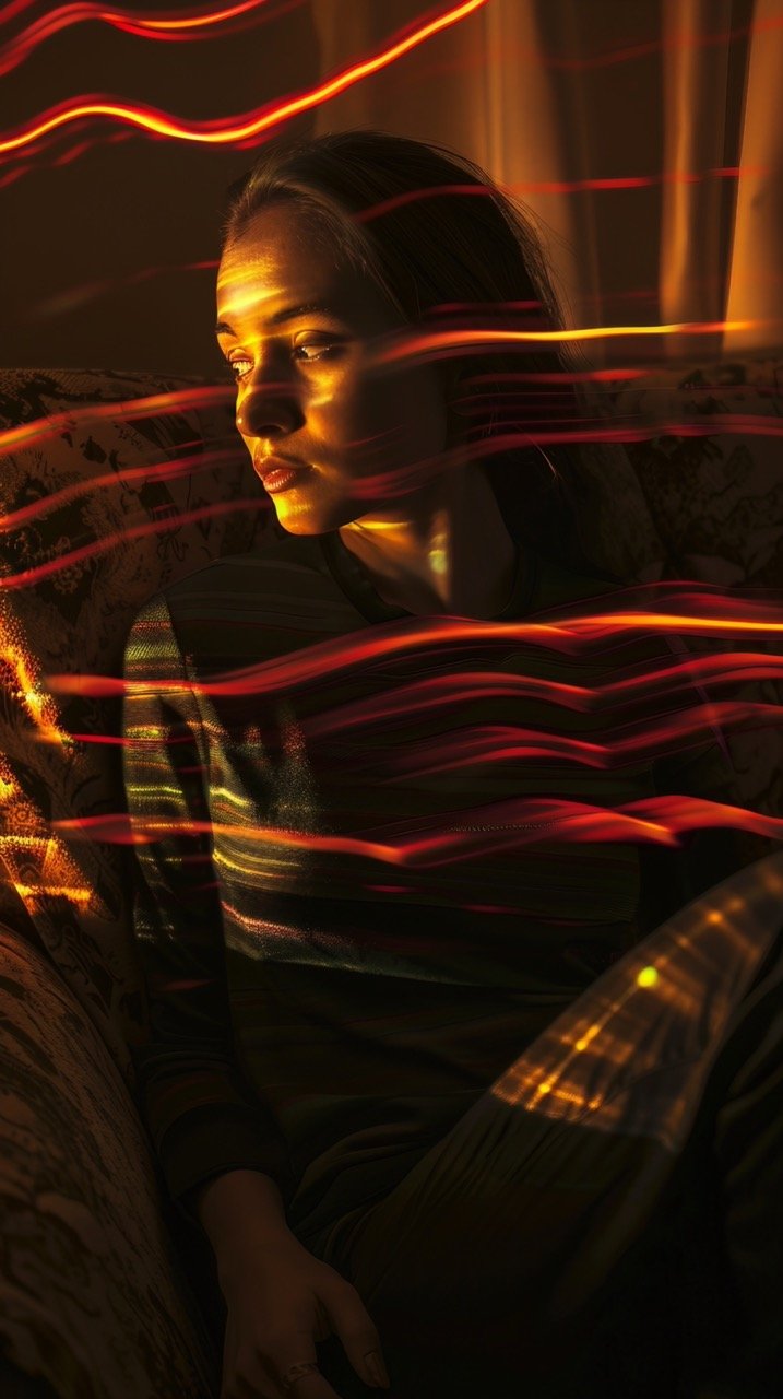 Elegant Woman on Sofa with Laser Trails in Full-Body Dark Portrait