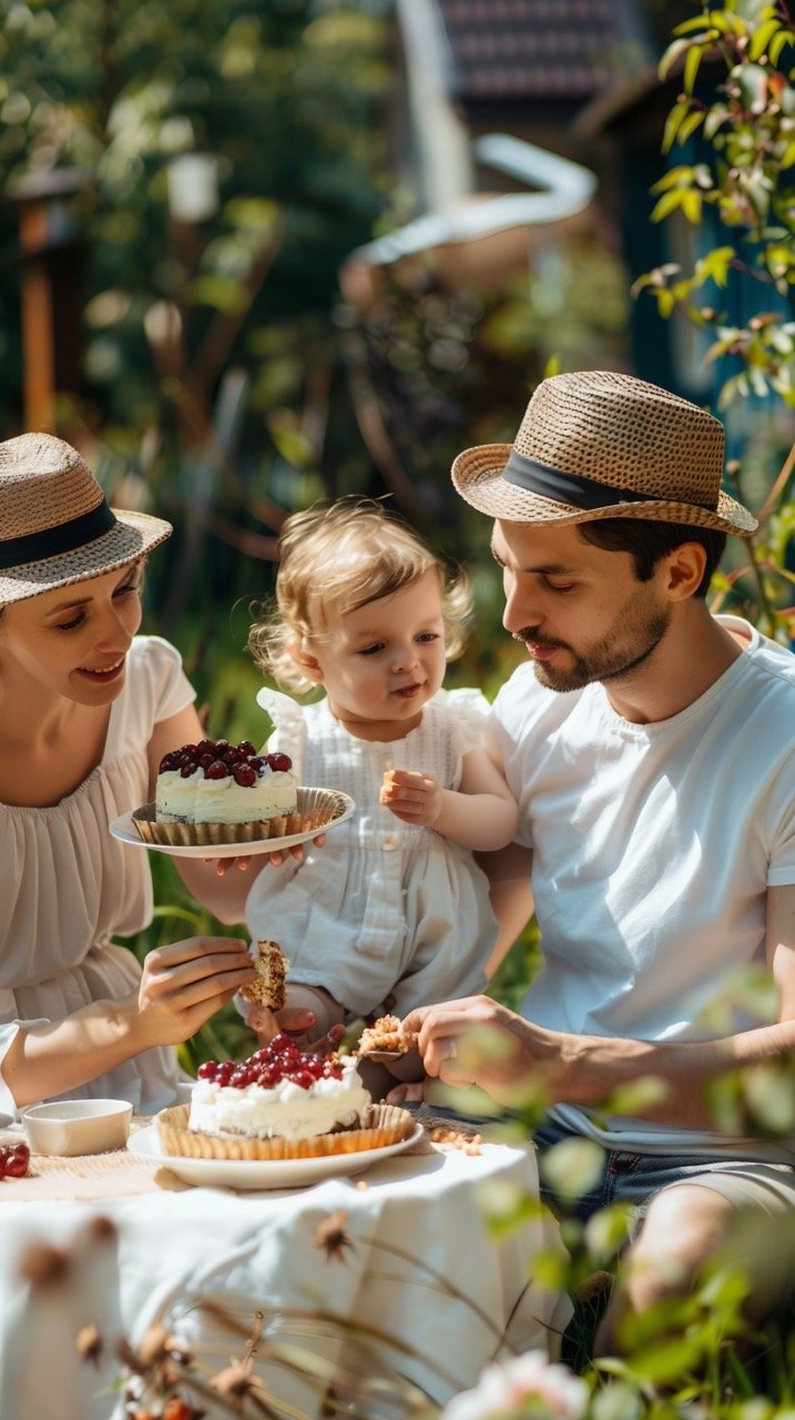 Family Eating Currant Cake Together in Garden – Heartwarming Stock Image of Free Time