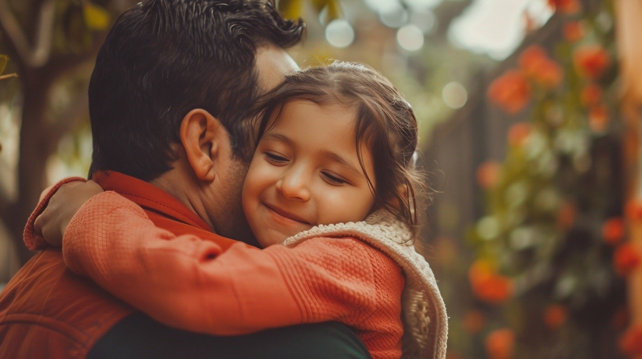 Family Hugging in Chilean Neighborhood – Residential Stock Image