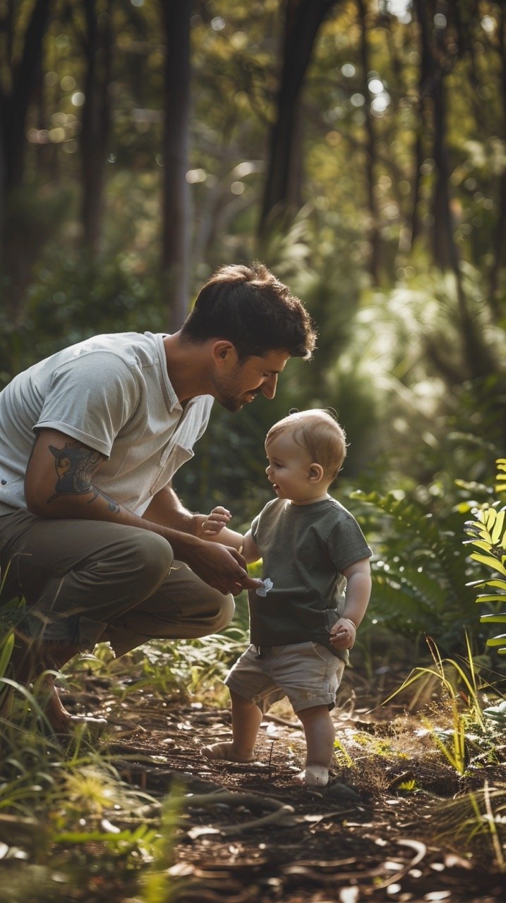 Father Bonding with Baby Boy Outdoors – Nature Stock Photo