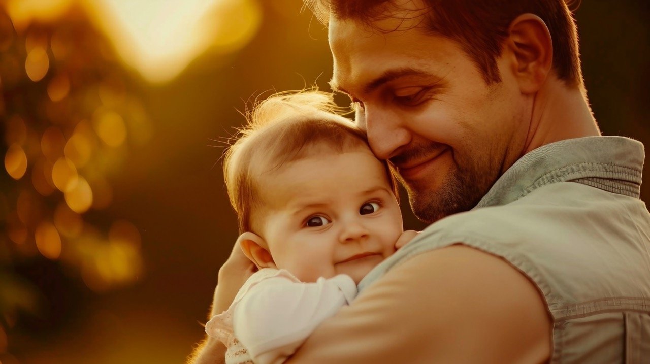 Father Embracing Baby in His Arms – Parent and Child Stock Photo