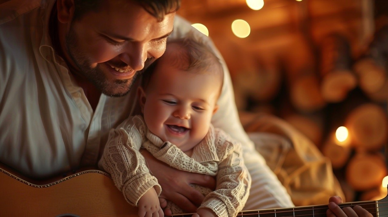 Father Playing Guitar with Baby in Arms – Parent and Child Stock Photo