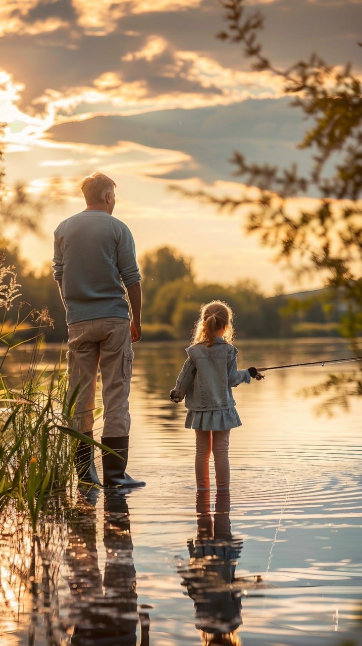 Father and Daughter Enjoying Fishing on Lake – Family Moments Stock Image