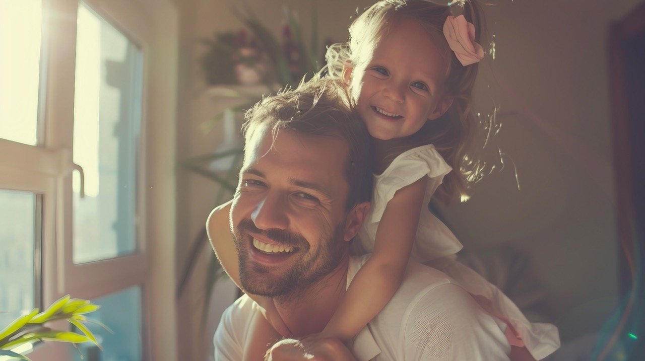 Father and Daughters Playful Moments at Home – Heartfelt Family Stock Image