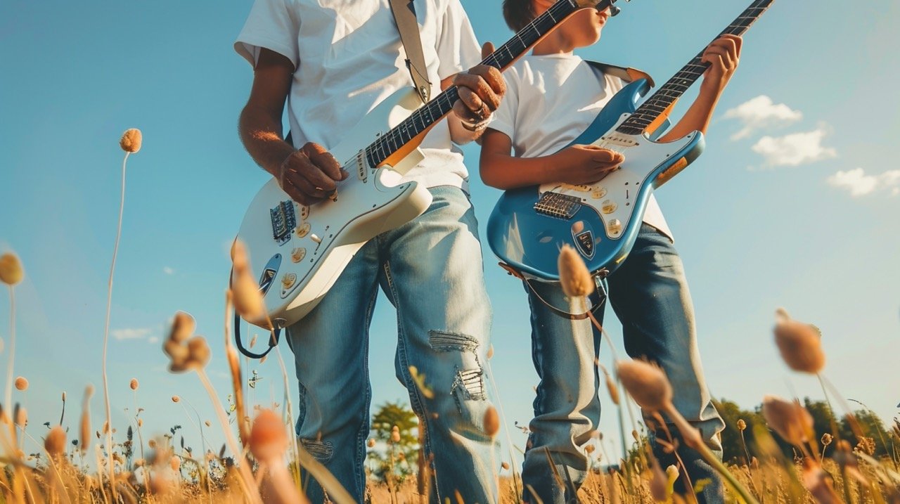 Father and Son Rocking Out with Guitars – Outdoor Stock Photo