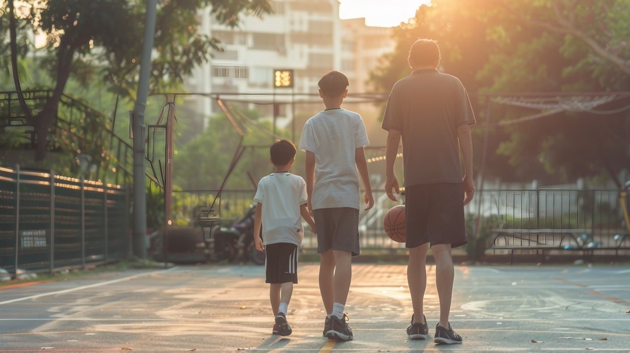 Father and Son Walk Away from Basketball Game – Weekend Activity Stock Photo