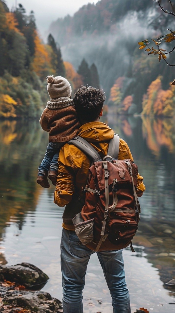 Father with Baby by Water – Outdoor Adventure Stock Photo