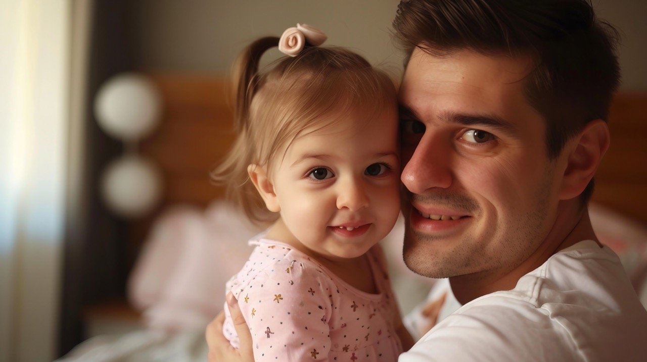 Father’s Day Joy Young Man and Little Girl Share a Heartfelt Moment at Home – Stock Image