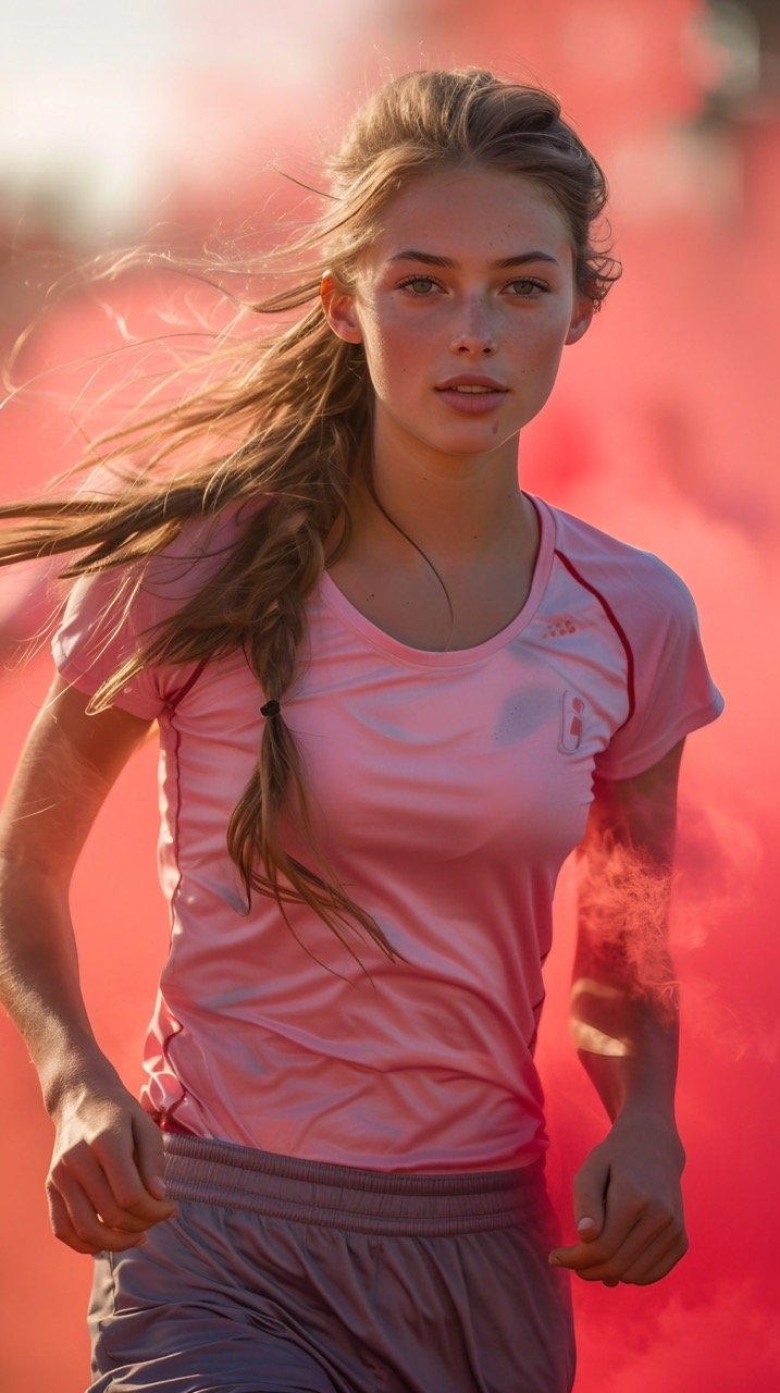 Female Runner in Red Smoke Stadium Scene – Stock Photo