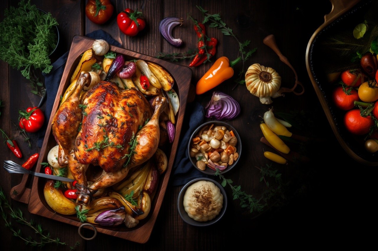 Festive Thanksgiving Dinner Stock Photo – Roasted Whole Chicken and Autumn Vegetables