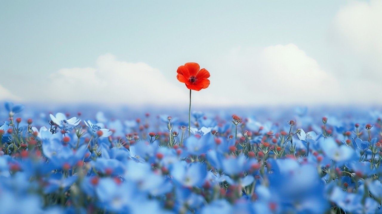 Field of Blue Flowers with Single Red Flower – Stock Photo