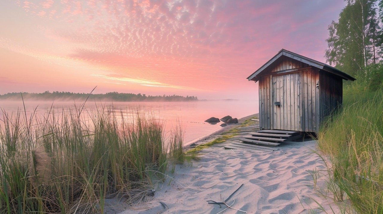 Foggy Sea Views with Wooden Sauna Cabin and Beach at Sunrise – Rymattyla, Finland