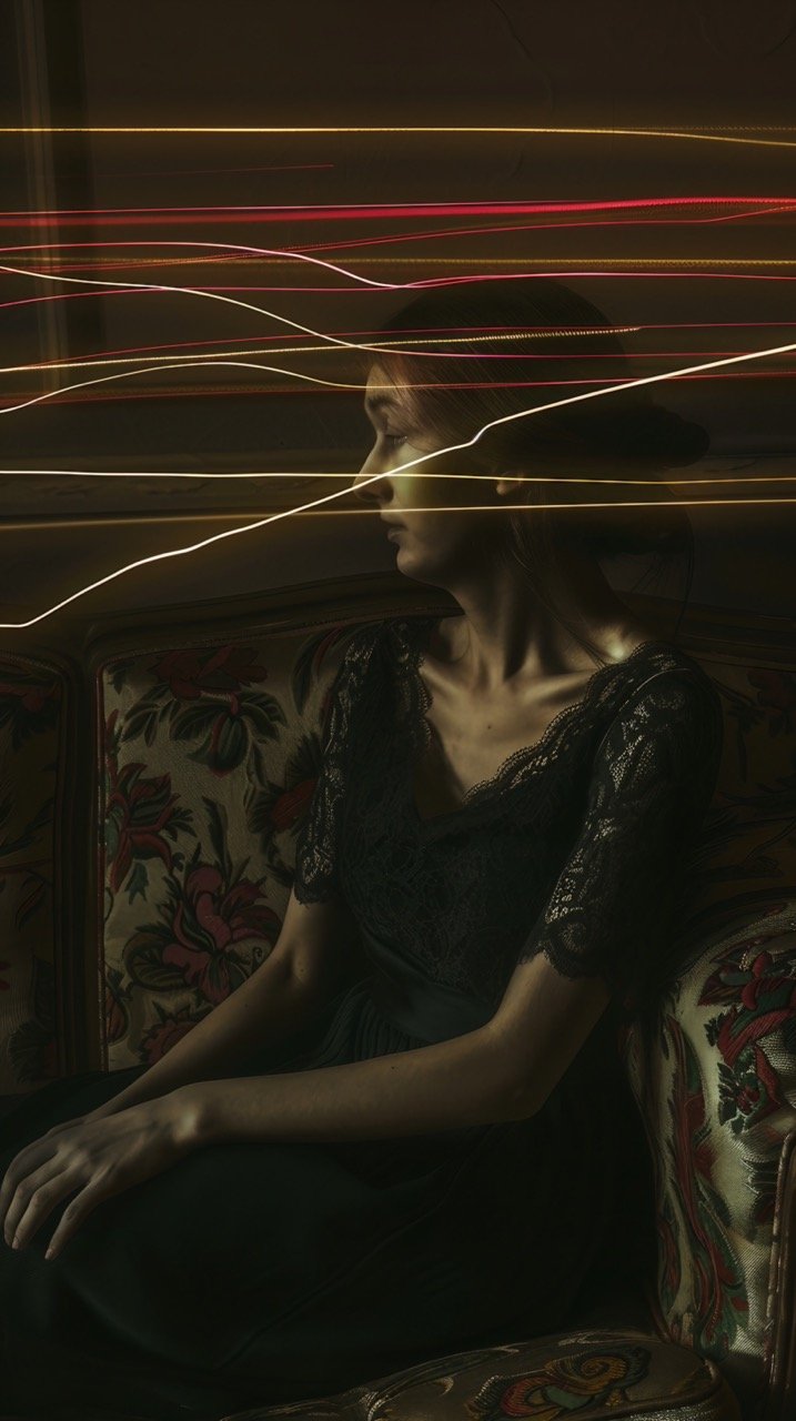 Full-Body Portrait of Woman with Laser Trails on Sofa in Dark Setting