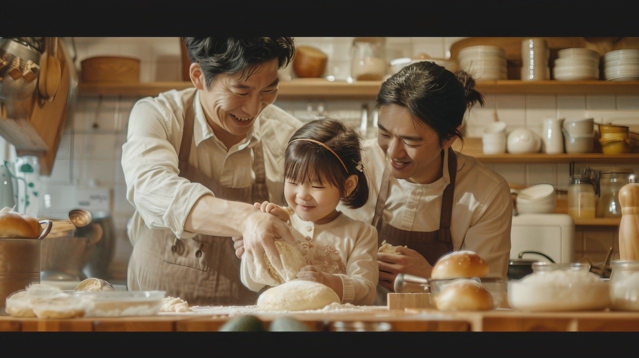 Gay Asian Family in Kitchen, Teaching Child to Bake – Parenting Stock Image