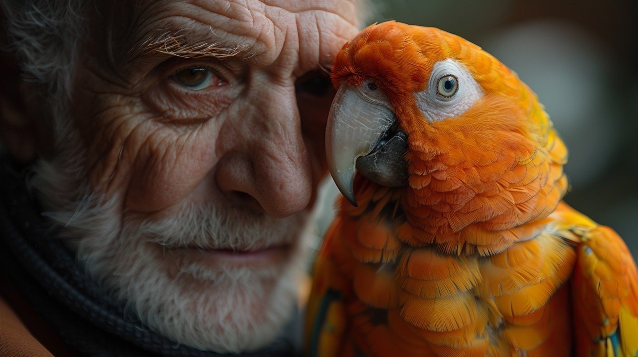 Golden Conure Portrait Premium Stock Photo of Man Kissing Bird