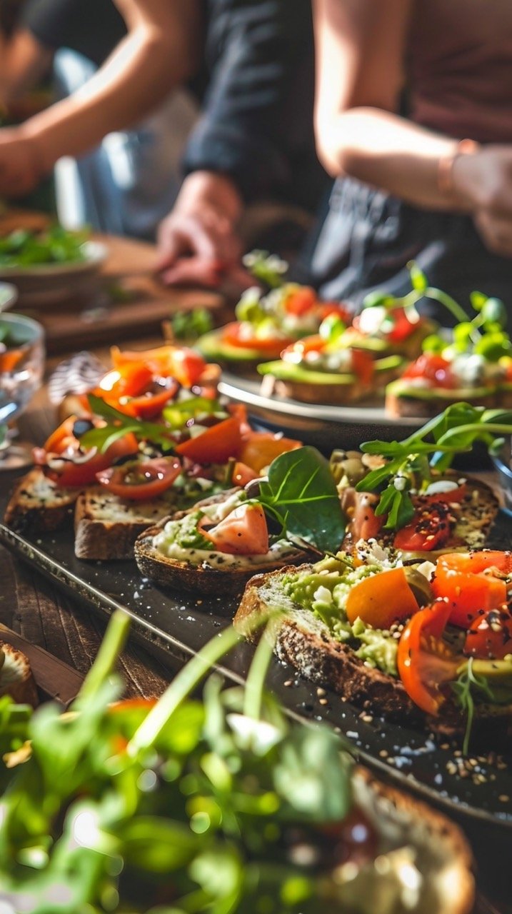 Gourmet Brunch with Friends – Stock Photo of Avocado Toast with Tomatoes and Garnishes