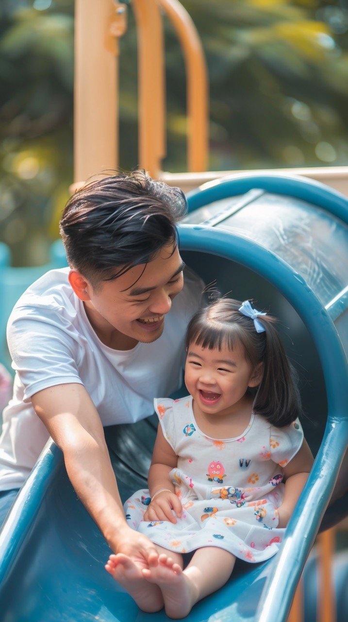 Happy Asian Father and Daughter Playing on Tube Slide in Sunny Outdoor Playground – Stock Photo