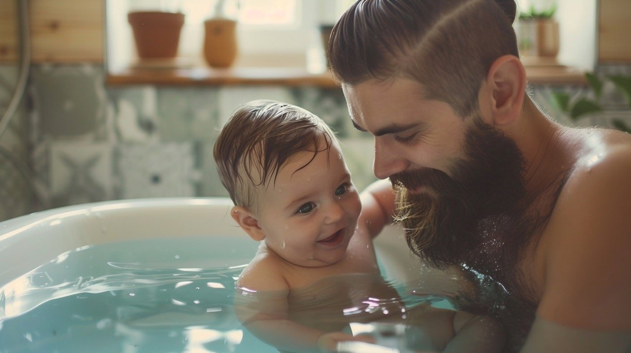 Happy Dad Bathing Baby in Tub – Fatherhood Moments Stock Image