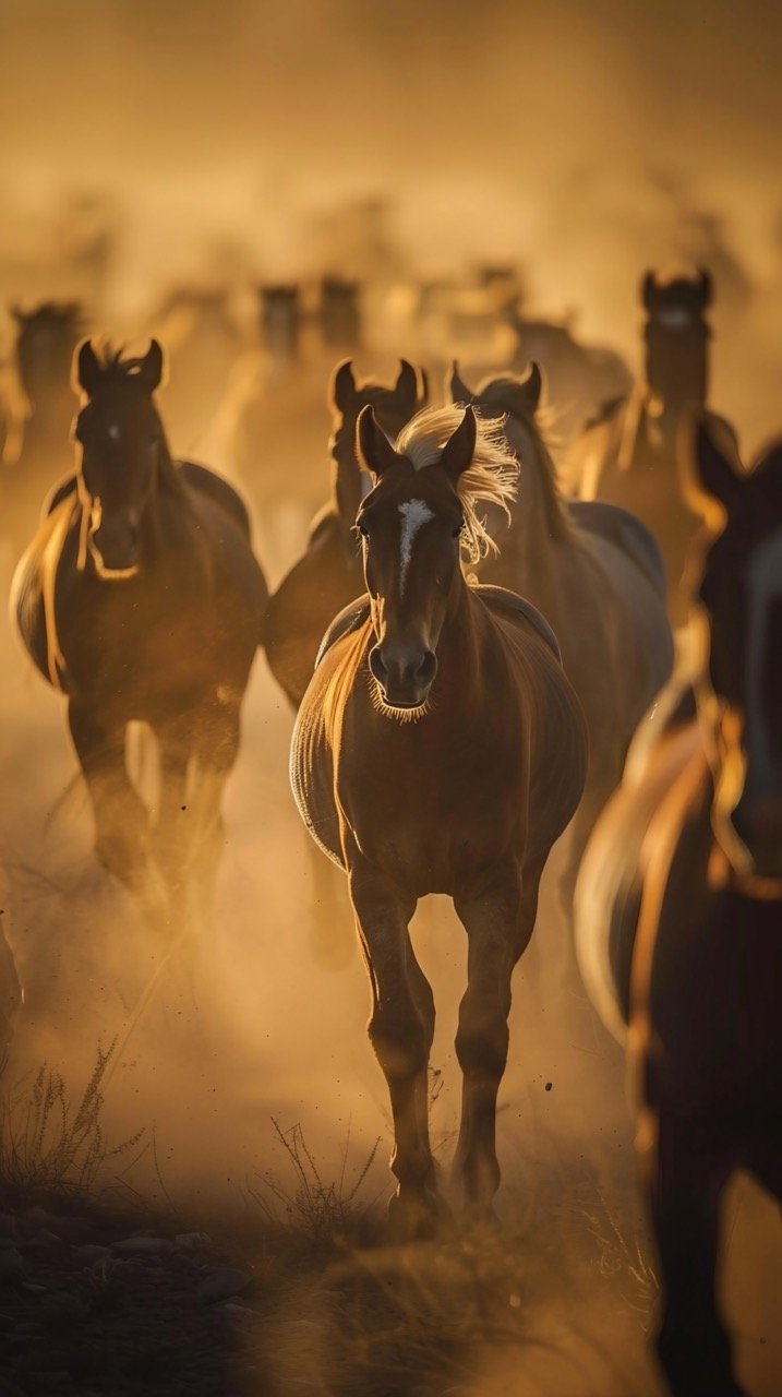 Herds of Wild Horses in Arid Lands – Stock Image Capturing Dusty Scenes