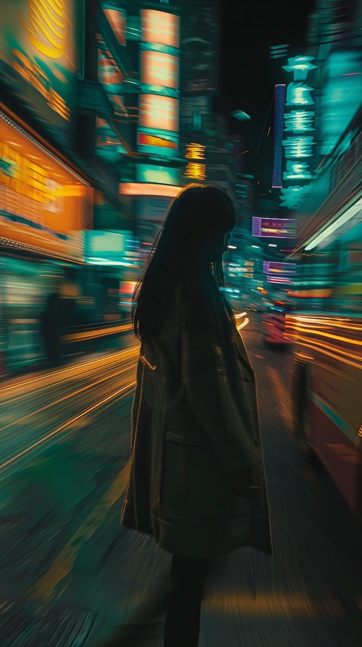 Hong Kong Art Movie Style Fashion, Night Photography, Slow Shutter, Cinematic, Hyper-Realistic, Super Detailed