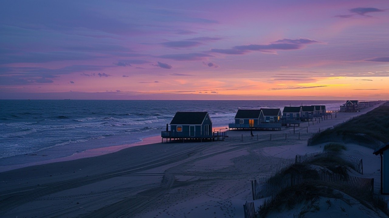 Houses on Sandy Beach – Stock Image Featuring Twilight and Dusk