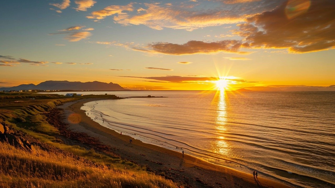 Iceland Midnight Sun – Stock Photo of Reykjavik Sunset by Ocean Shore