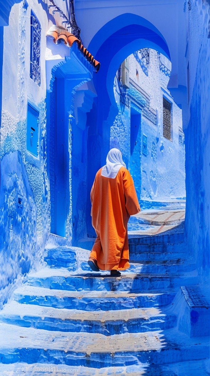 Iconic Blue City of Chefchaouen – Stock Photo of Morocco’s Vibrant Street Scene