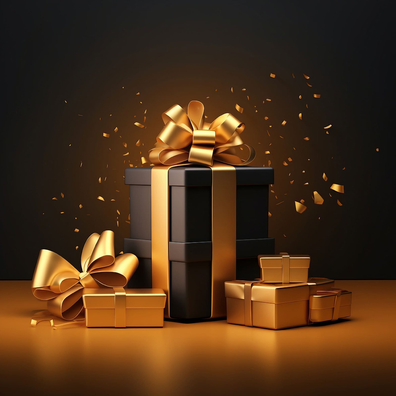 In this Black Friday scene, a golden gift box with a ribbon takes center stage against a realistic podium backdrop